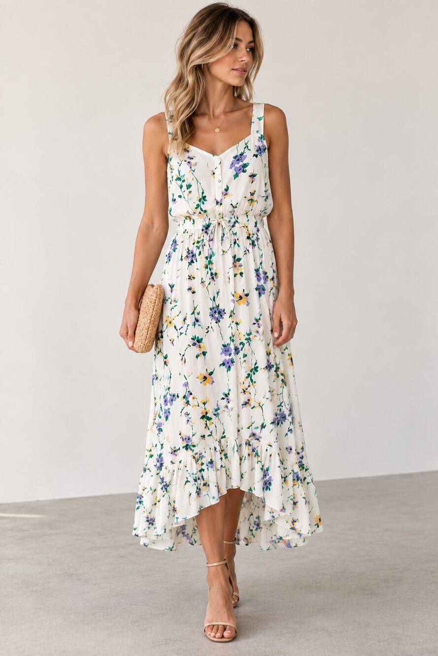 LOFT Floral Button Front High Low Maxi Dress Tie Waist Rayon Size 4